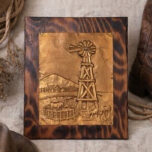 Vintage Copper Hammered Wood Mounted Windmill Handcrafted Plaque 8 3/4 x 11 1/4